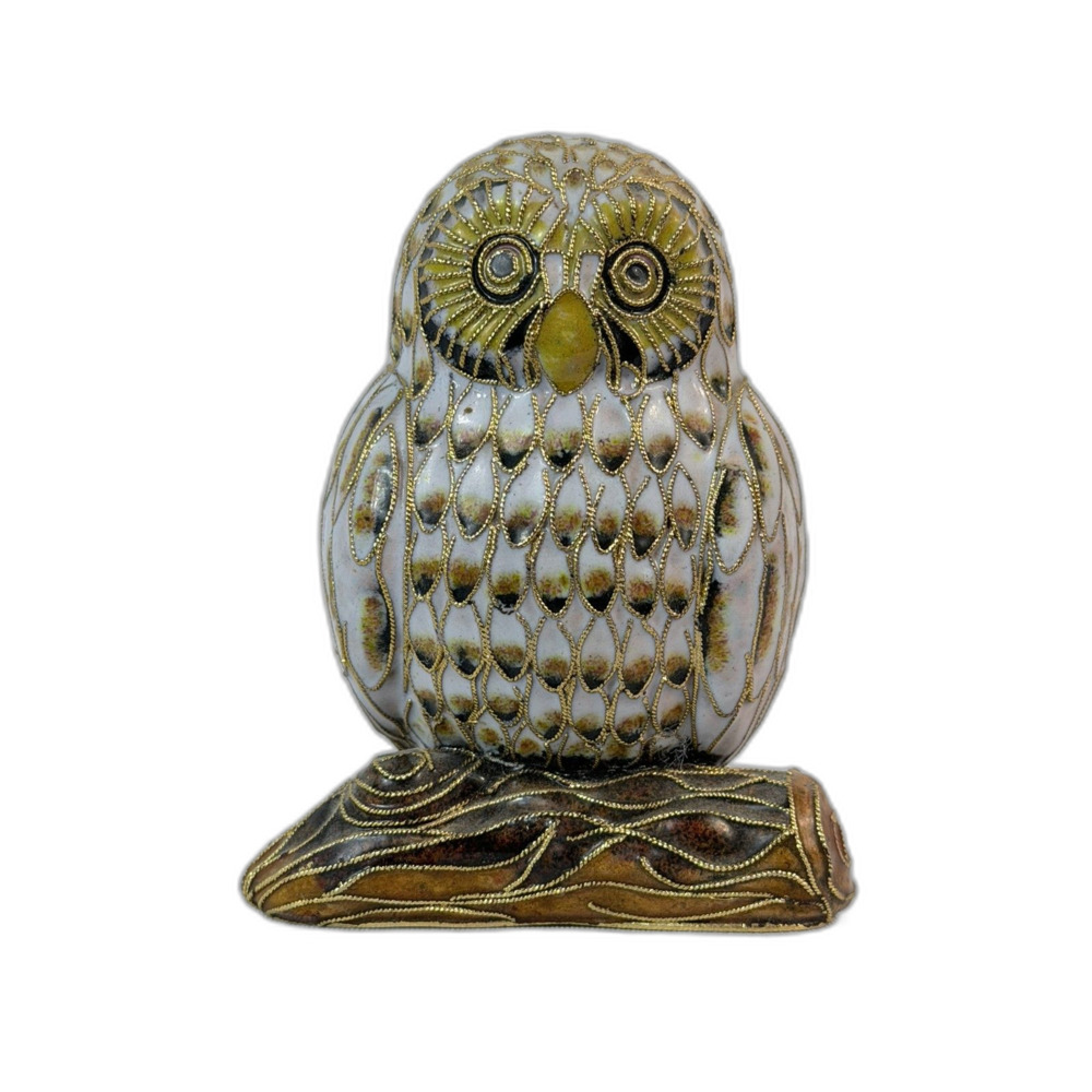 Vtg Owl Cloisonné Nico Nikki Tasman Enamel Art Figurine Gold Perched White Deco
